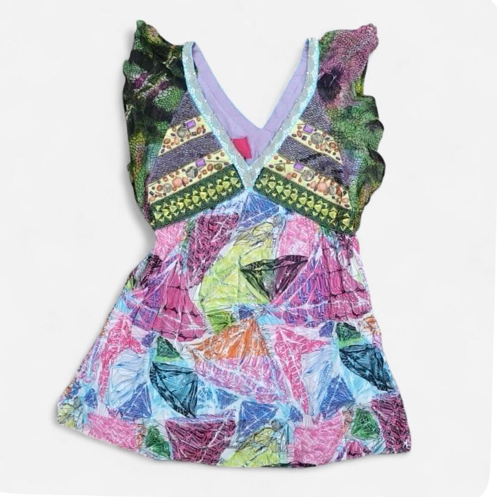 Gusto Eccentric Diamond Rainbow Print Beaded Blouse Mini Dress